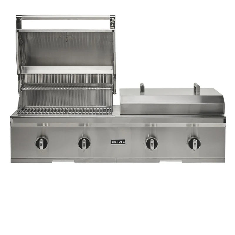 Coyote 50-in Built-In Propane Grill / Flat Top Combo with grill lid open on a white background