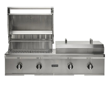 Coyote 50-in Built-In Propane Grill / Flat Top Combo with grill lid open on a white background