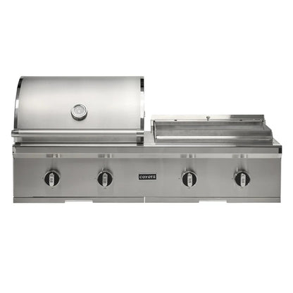 Coyote 50-in Built-In Propane Grill / Flat Top Combo with Flat Top lid open on a white background
