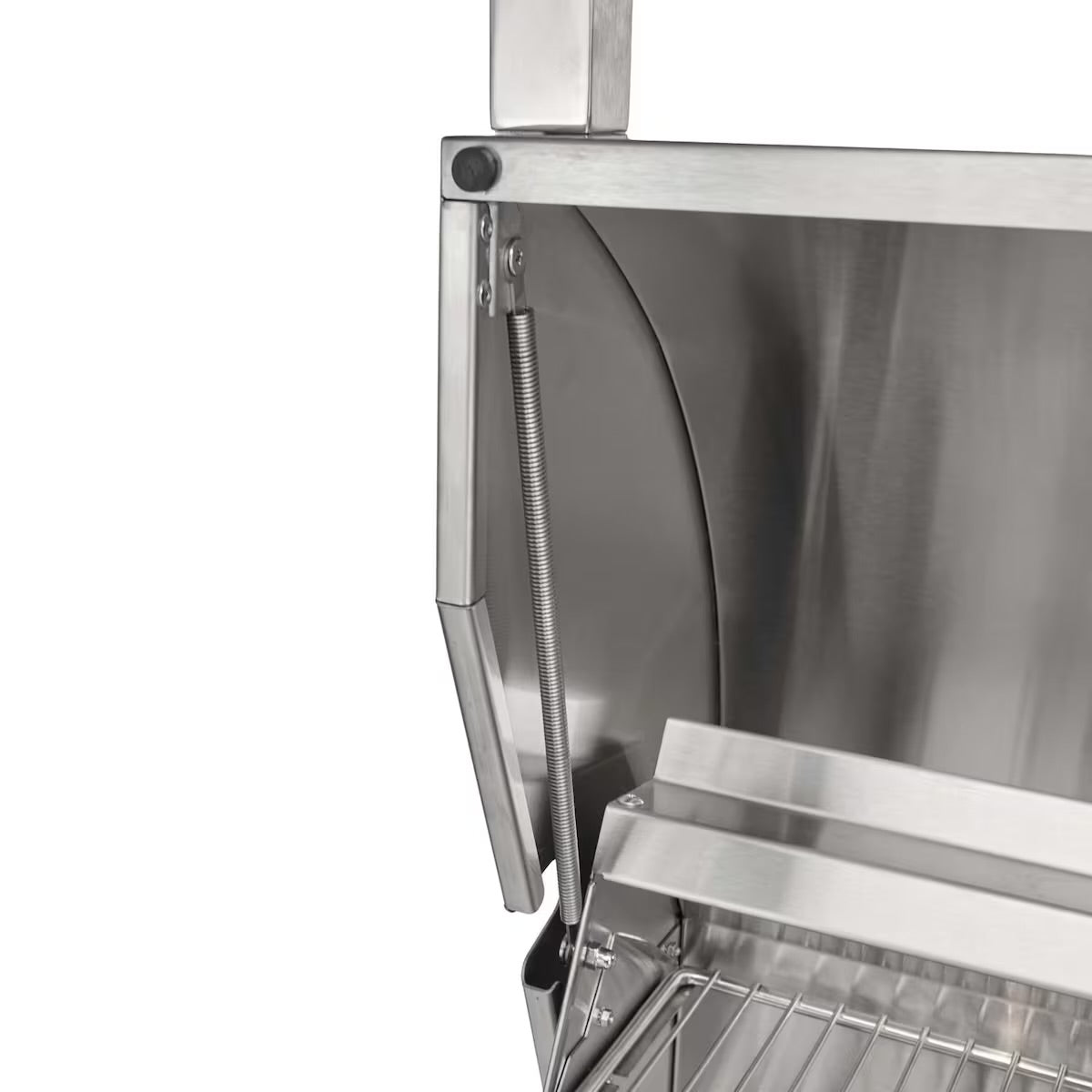 Stainless steel kitchen equipment with a hinge and metallic finish on a white background