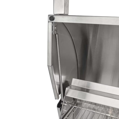 Stainless steel kitchen equipment with a hinge and metallic finish on a white background