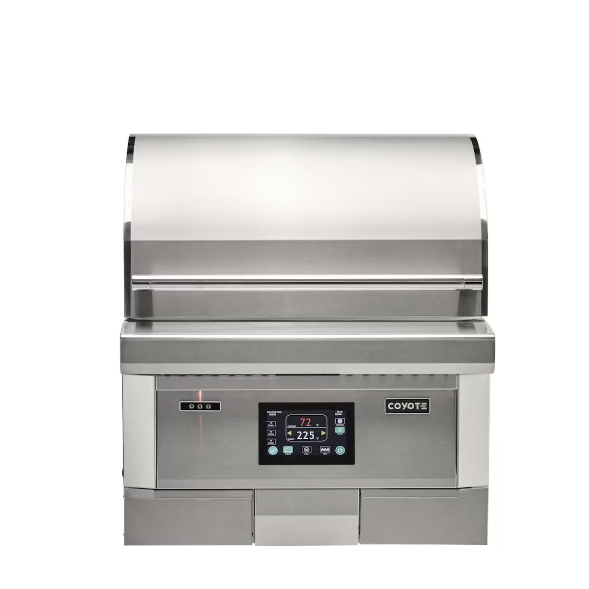 Stainless steel grill with digital display on a white background