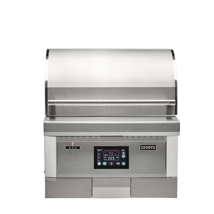 Stainless steel grill with digital display on a white background