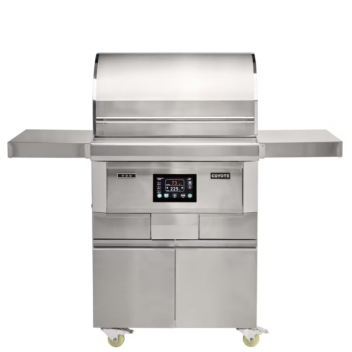 Stainless steel grill with digital display on a white background