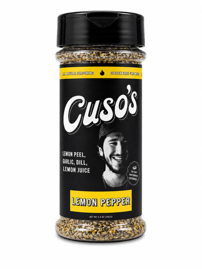 Cuso's Lemon Pepper seasoning jar on a white background