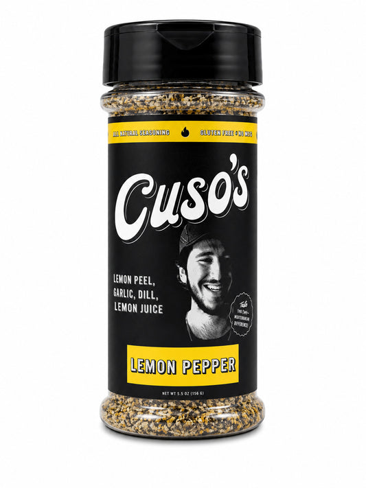 Cuso's Lemon Pepper seasoning jar on a white background