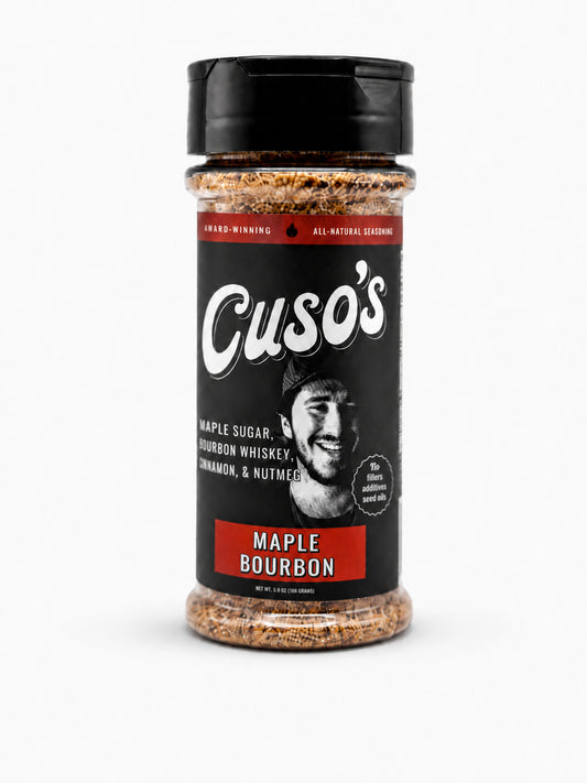 Cuso's Maple Bourbon seasoning jar on a white background