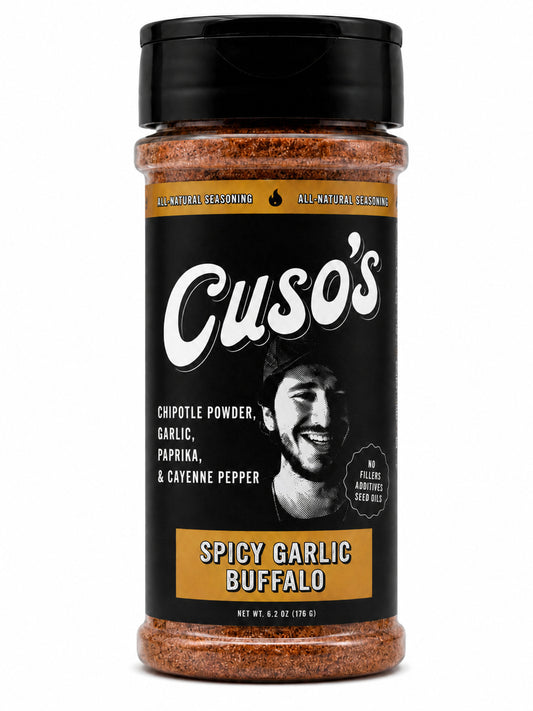 Spicy Garlic Buffalo seasoning jar with Cuso's branding on a white background
