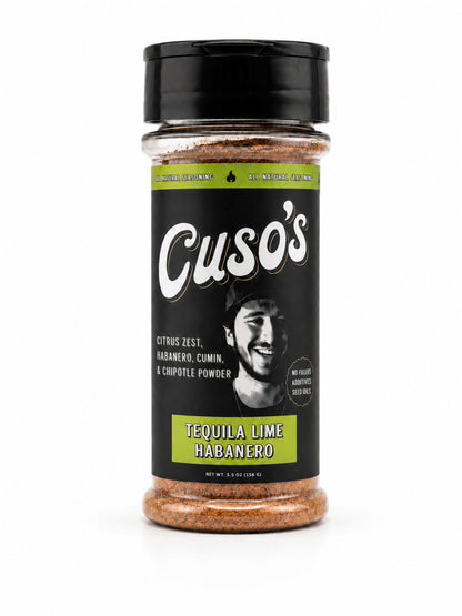 Cuso's Tequila Lime Habanero seasoning jar on a white background
