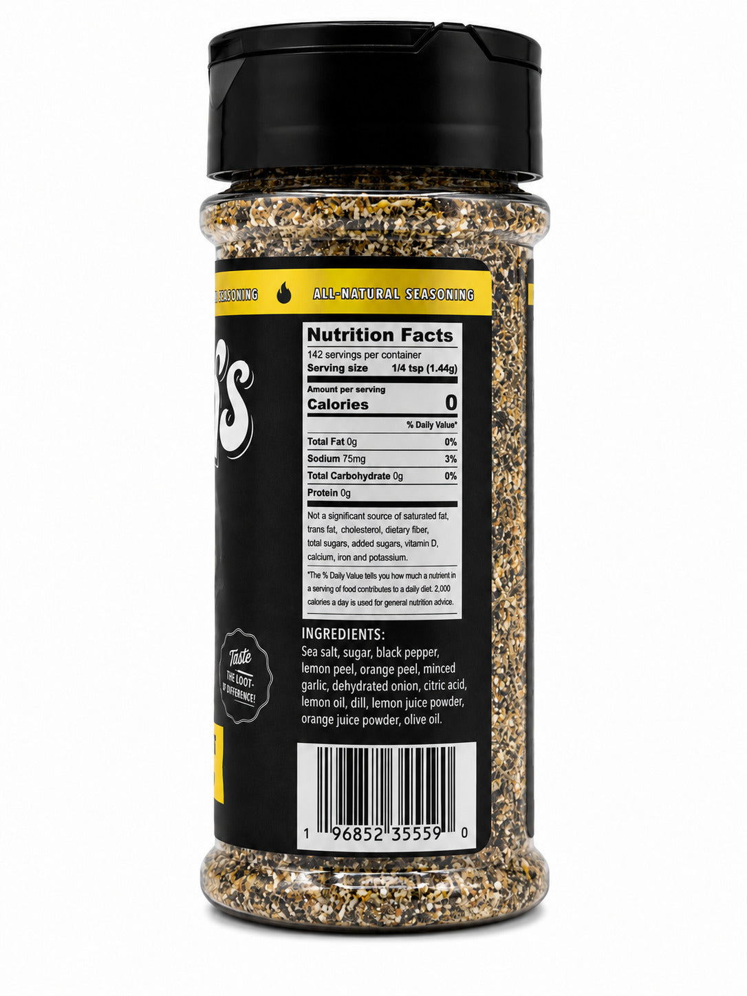 Cusos Lemon pepper bottlewith nutritional information and ingredients listed on a white background