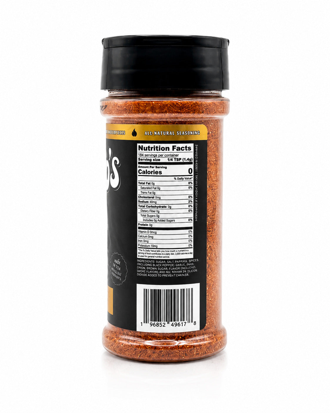 Spice jar with black label on a white background
