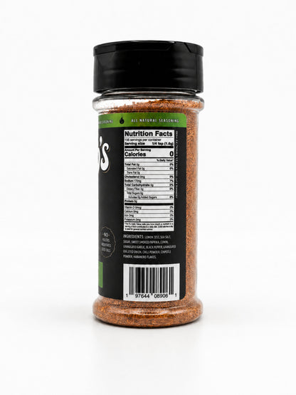 Spice jar with a nutrition facts label on a white background
