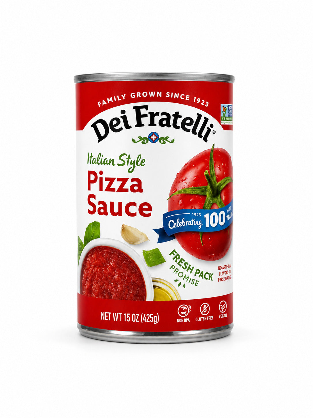 Can of Dei Fratelli Pizza Sauce on a white background