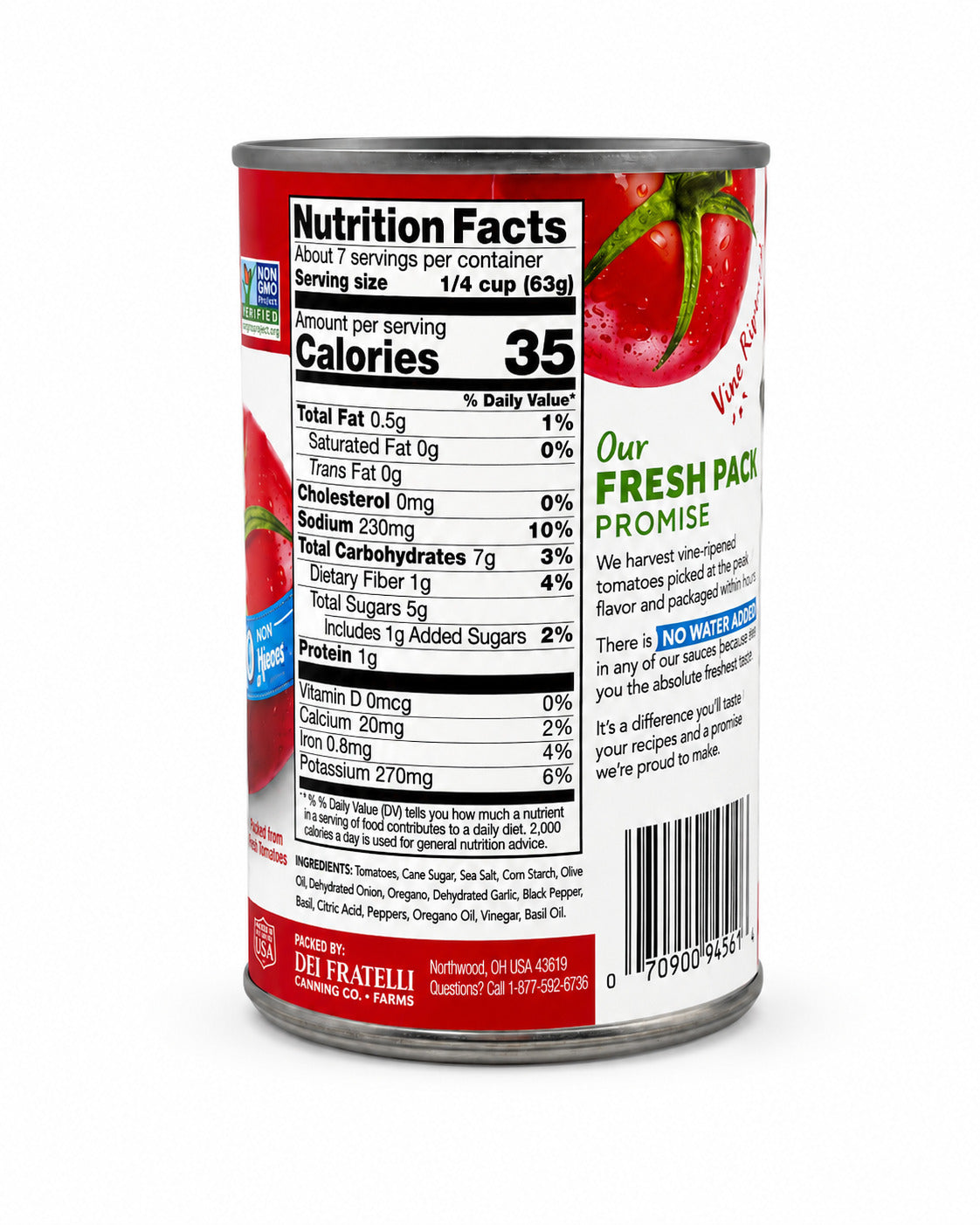 Can of Del Fratelli pizza sauce with nutrition label on a white background
