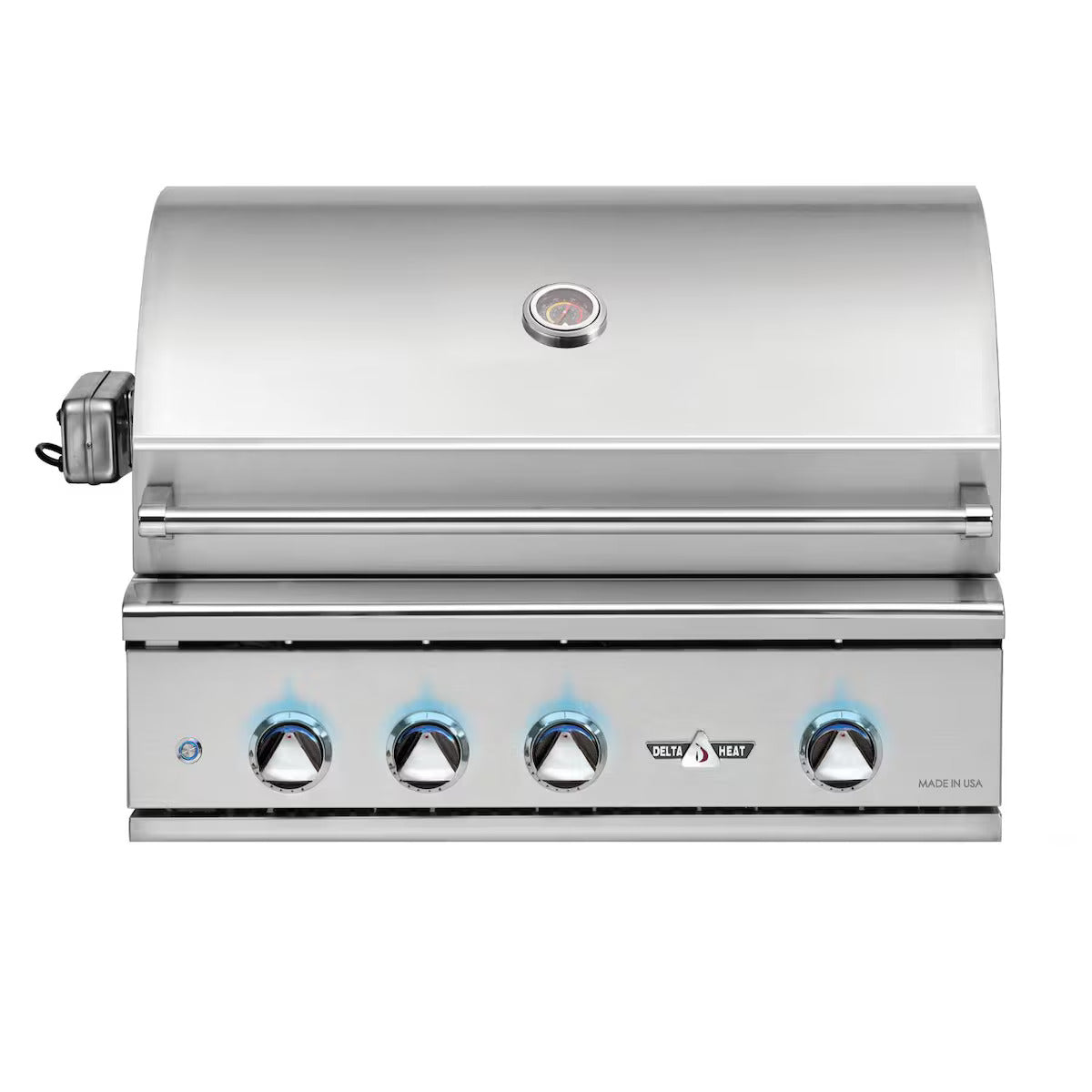 Stainless steel grill with four control knobs on a white background