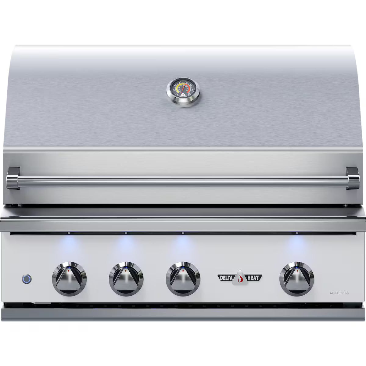 Stainless steel grill with control knobs on a white background