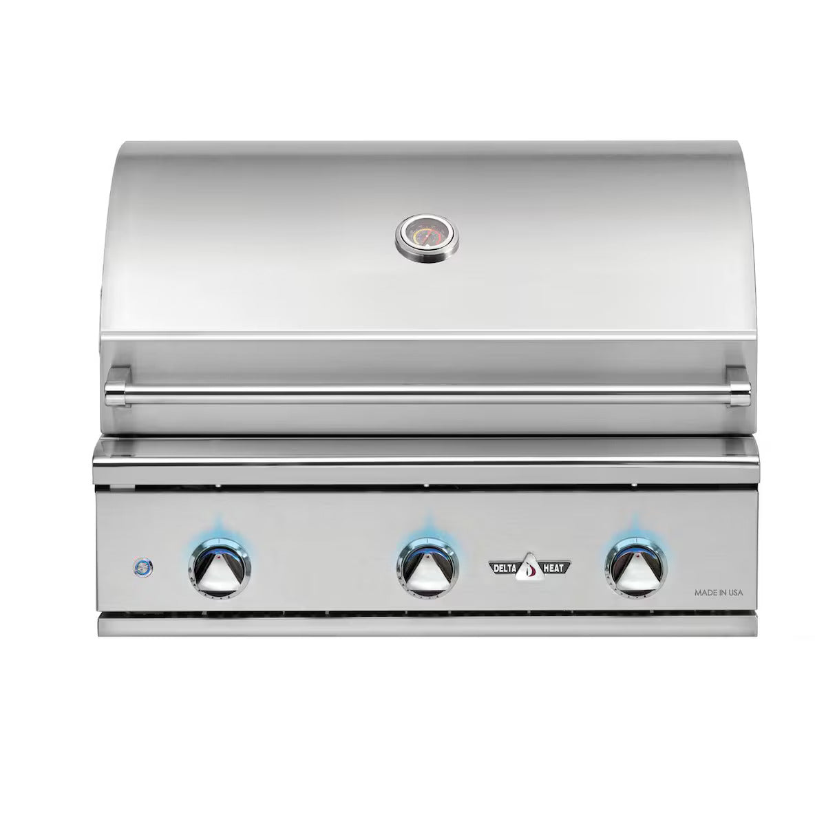 Stainless steel grill with three control knobs on a white background