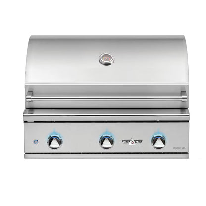 Stainless steel grill with three control knobs on a white background