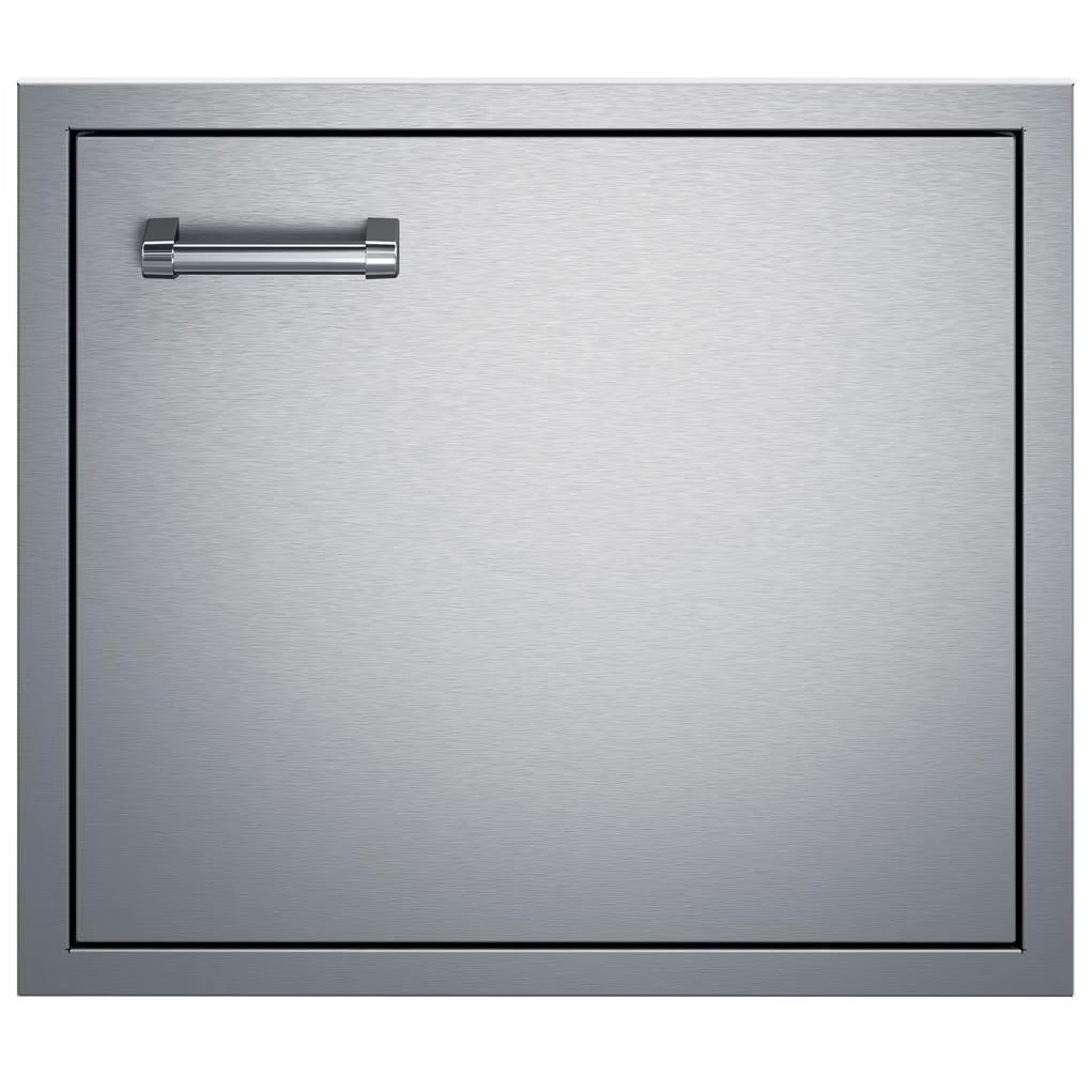 Stainless steel kitchen drawer with handle on a white background