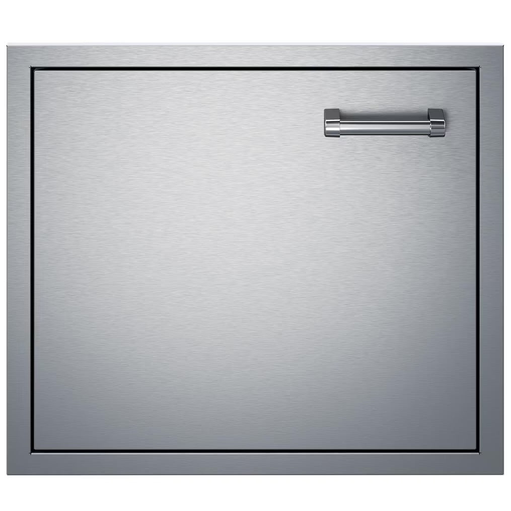 Stainless steel drawer with handle on a white background