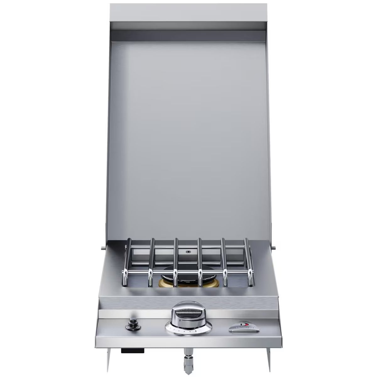 Stainless steel gas stove with oven on a white background