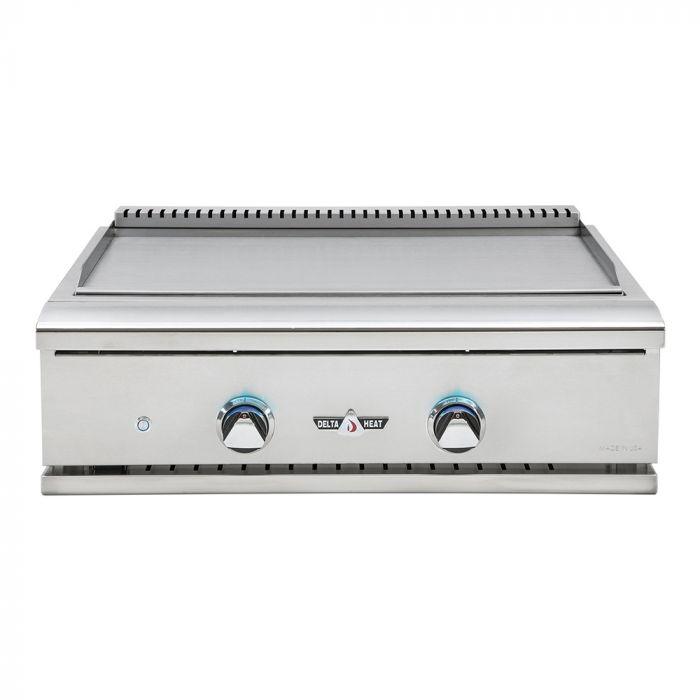 A built-in stainless steel Delta Heat DHTG32 gas teppanyaki grill with a flat cooking surface and control knobs.