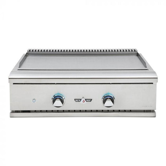 A built-in stainless steel Delta Heat DHTG32 gas teppanyaki grill with a flat cooking surface and control knobs.