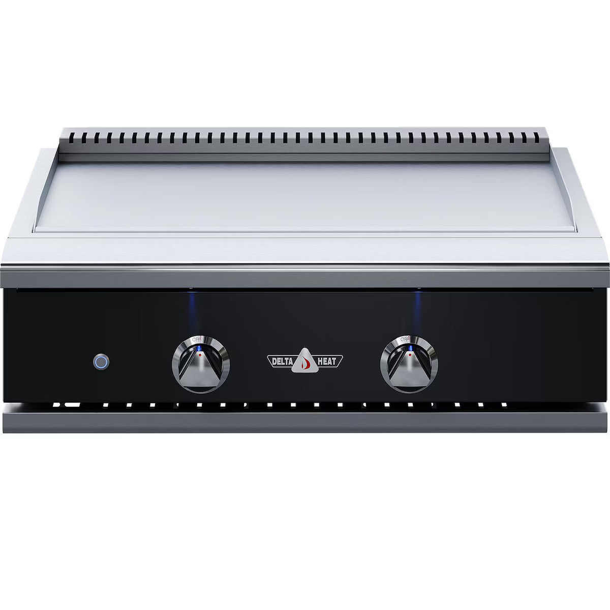 Stainless steel griddle with two control knobs on a white background