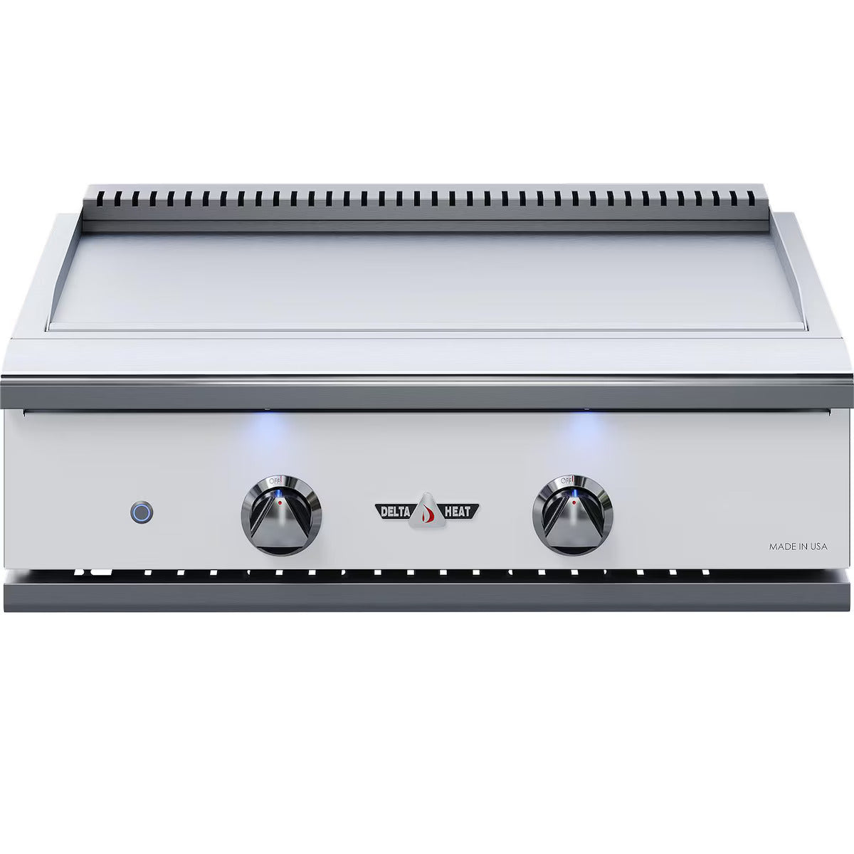 Stainless steel grill with three control knobs on a white background
