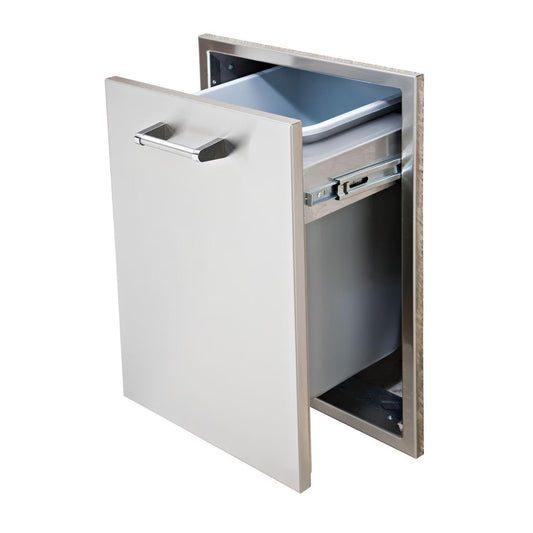 Stainless steel kitchen trash drawer with open door showing interior.