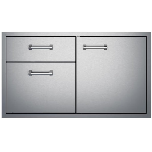 Stainless steel double drawer with two handles on a white background