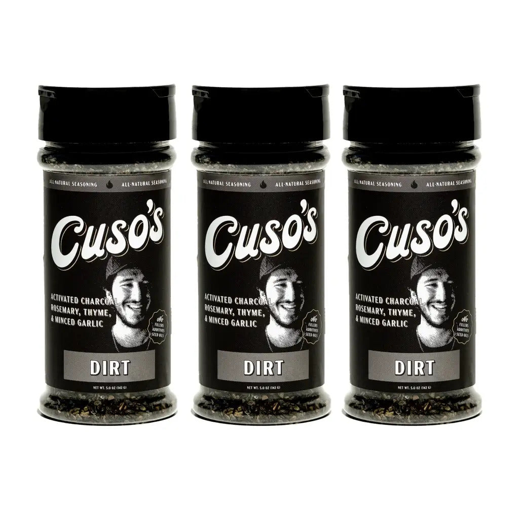 Three jars of Cuso's Dirt seasoning on a white background