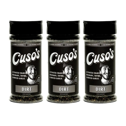Three jars of Cuso's Dirt seasoning on a white background