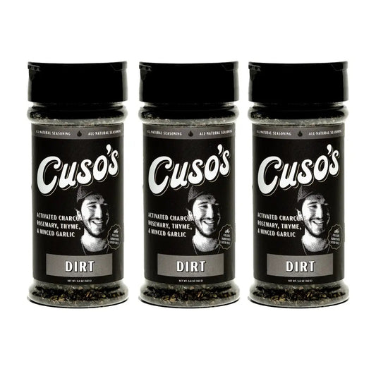 Three jars of Cuso's Dirt seasoning on a white background