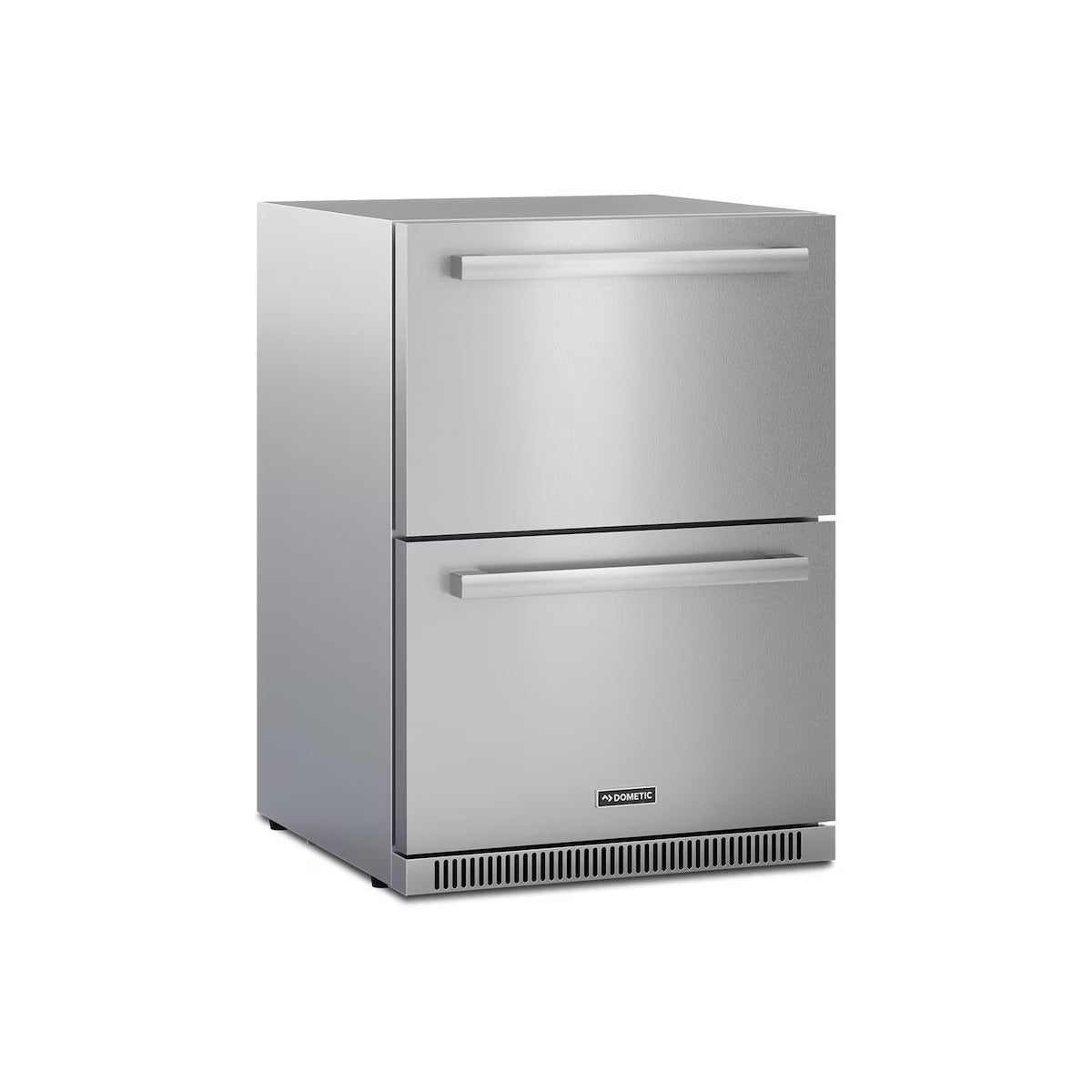 Stainless steel refrigerator with two drawers on a white background