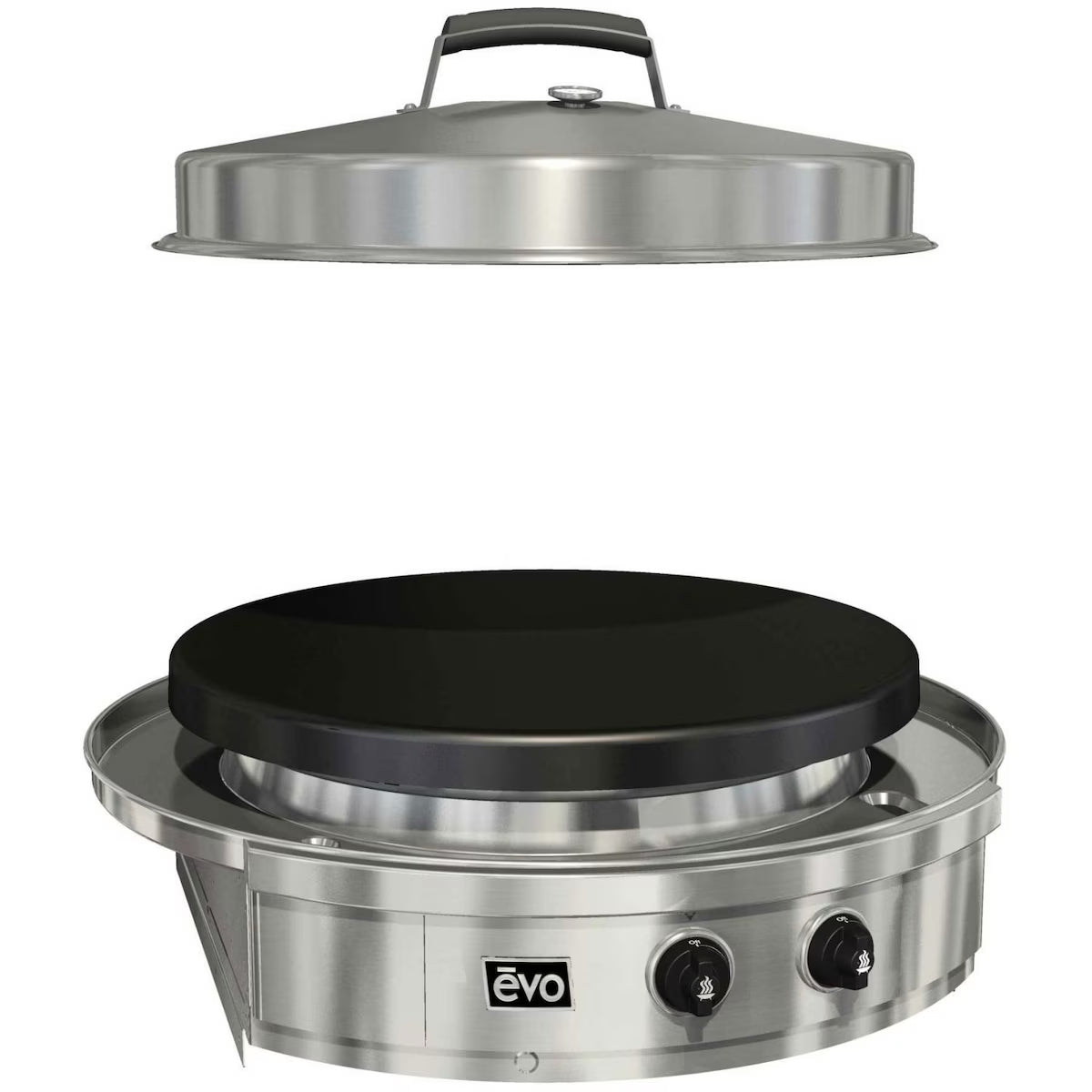 EVO Affinity 30G Drop-In with Seasoned Cook Surface with lid lifted on a white background