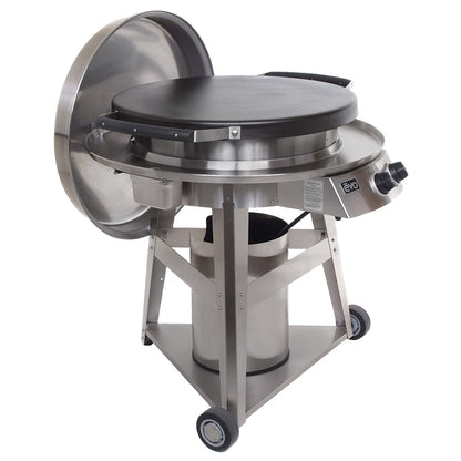 Evo Professional Series 30-Inch Wheeled Cart Flattop Gas Griddle with lid off on a white background