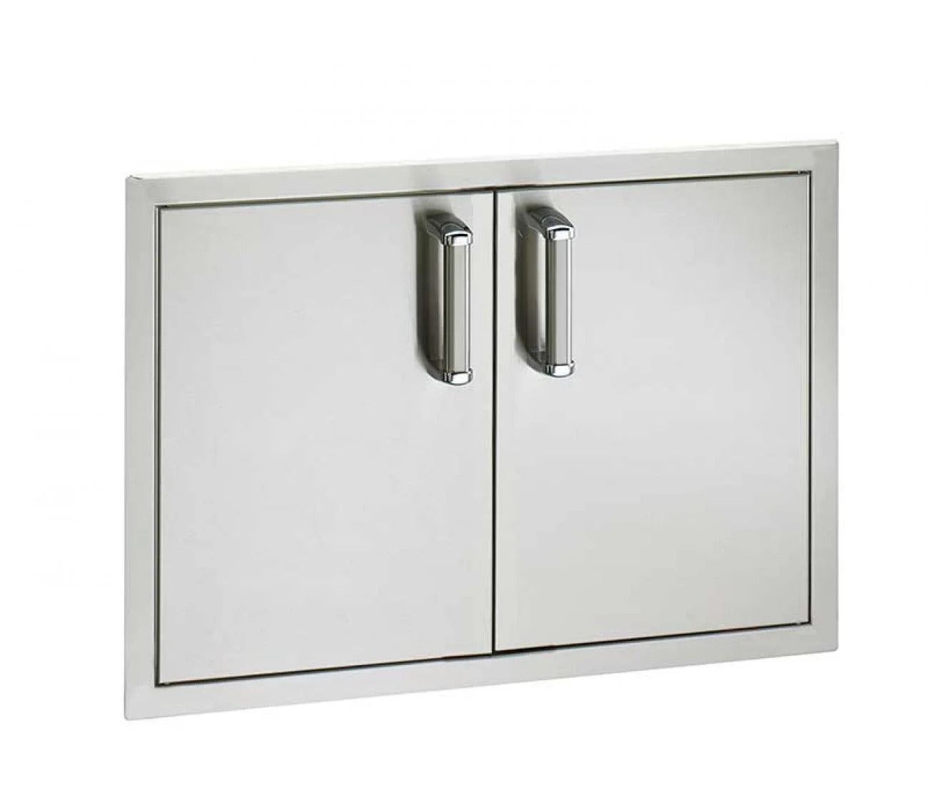Stainless steel outdoor kitchen cabinet with two doors on a white background