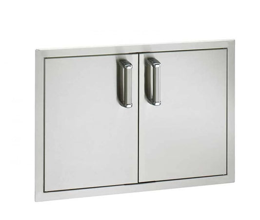 Stainless steel outdoor kitchen cabinet with two doors on a white background