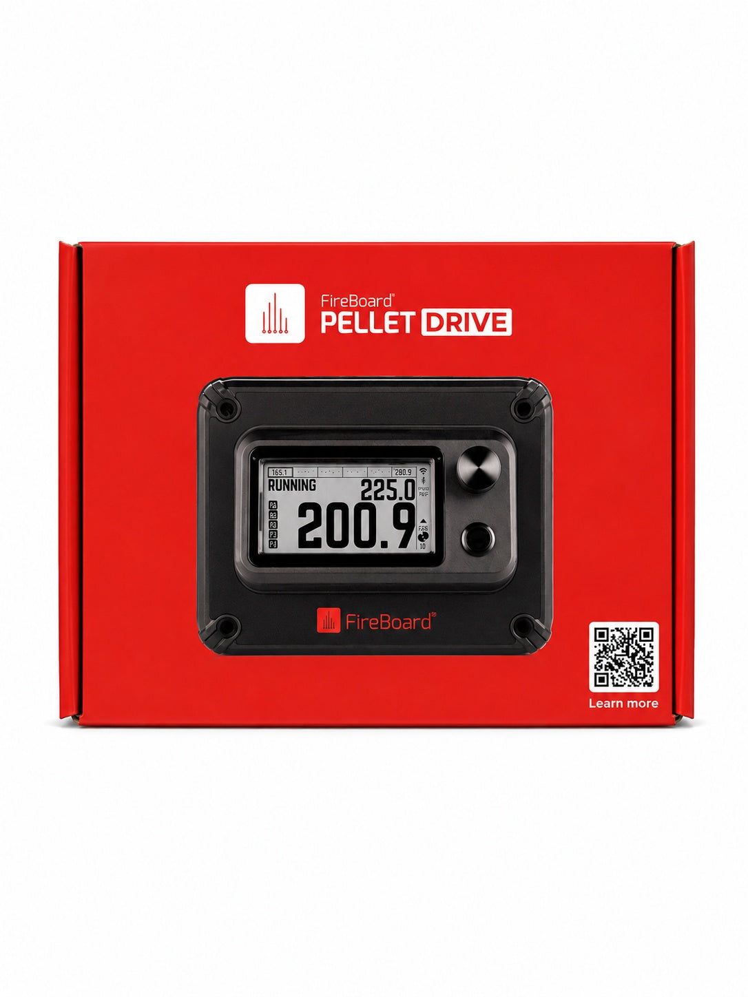 Red box with a digital display and FireBoard Pellet Drive branding on a white background