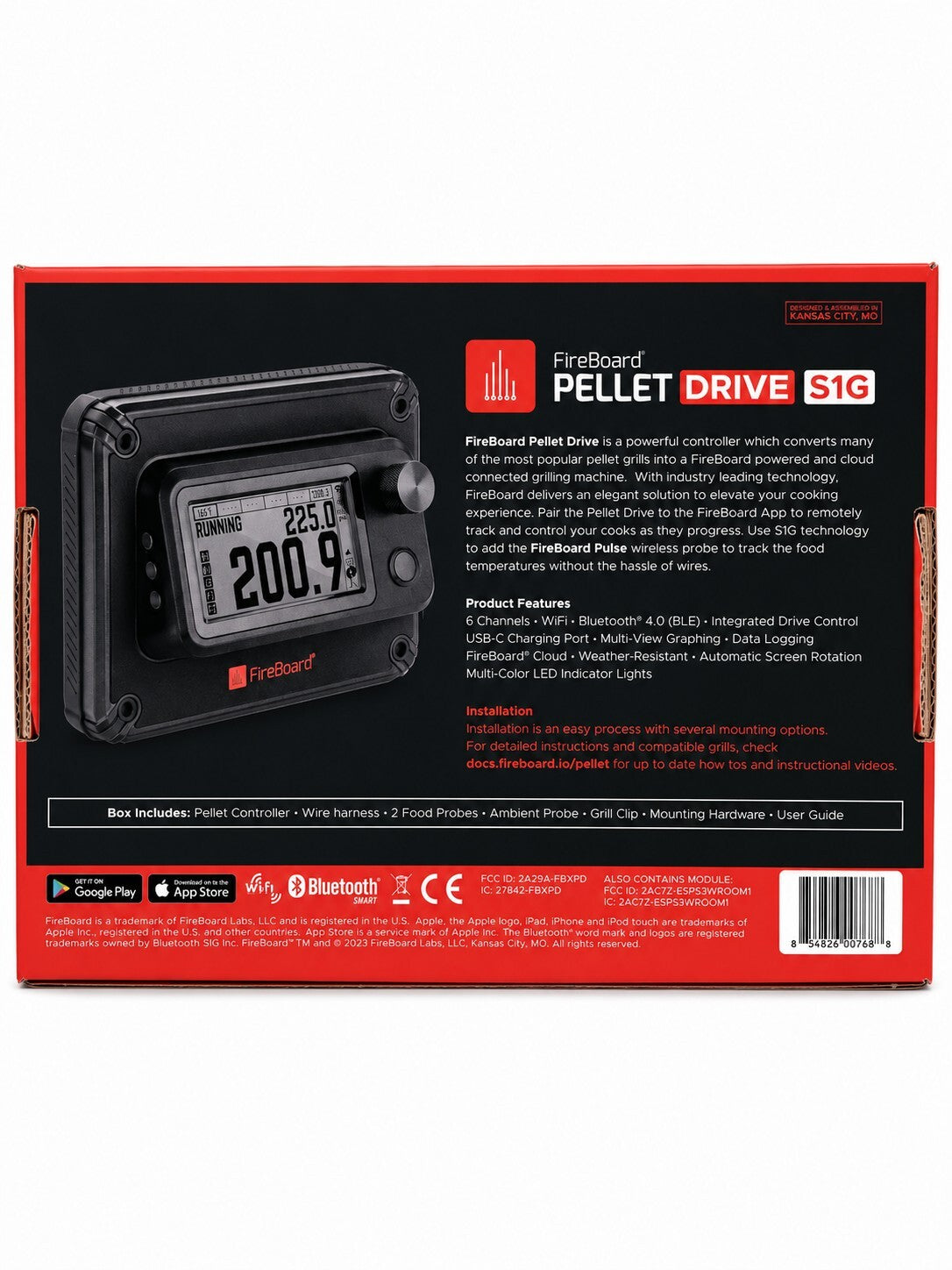 Fireboard Pellet Drive packaging with digital display and branding on a white background