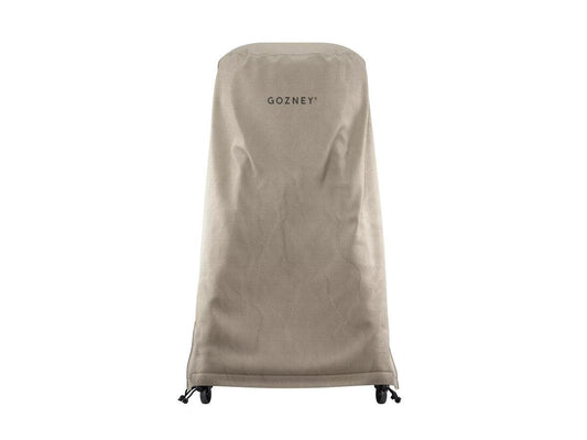 A beige, fabric cover for the Gozney Arc outdoor grill, featuring the brand's logo on the front.