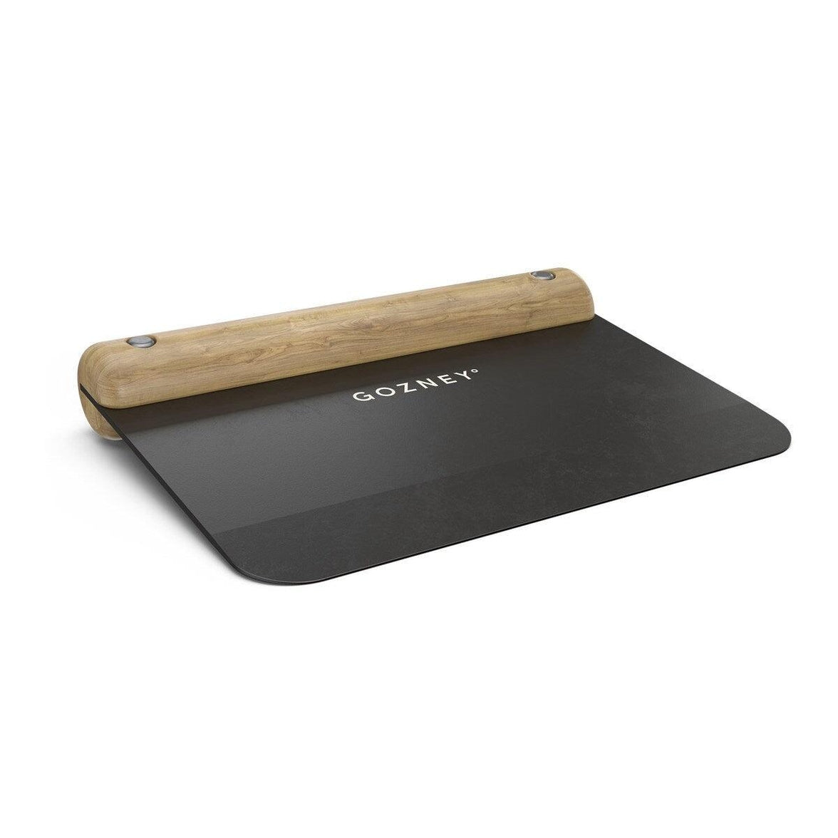 Black dough cutter with wooden handle and 'GOZNEY' branding on a white background