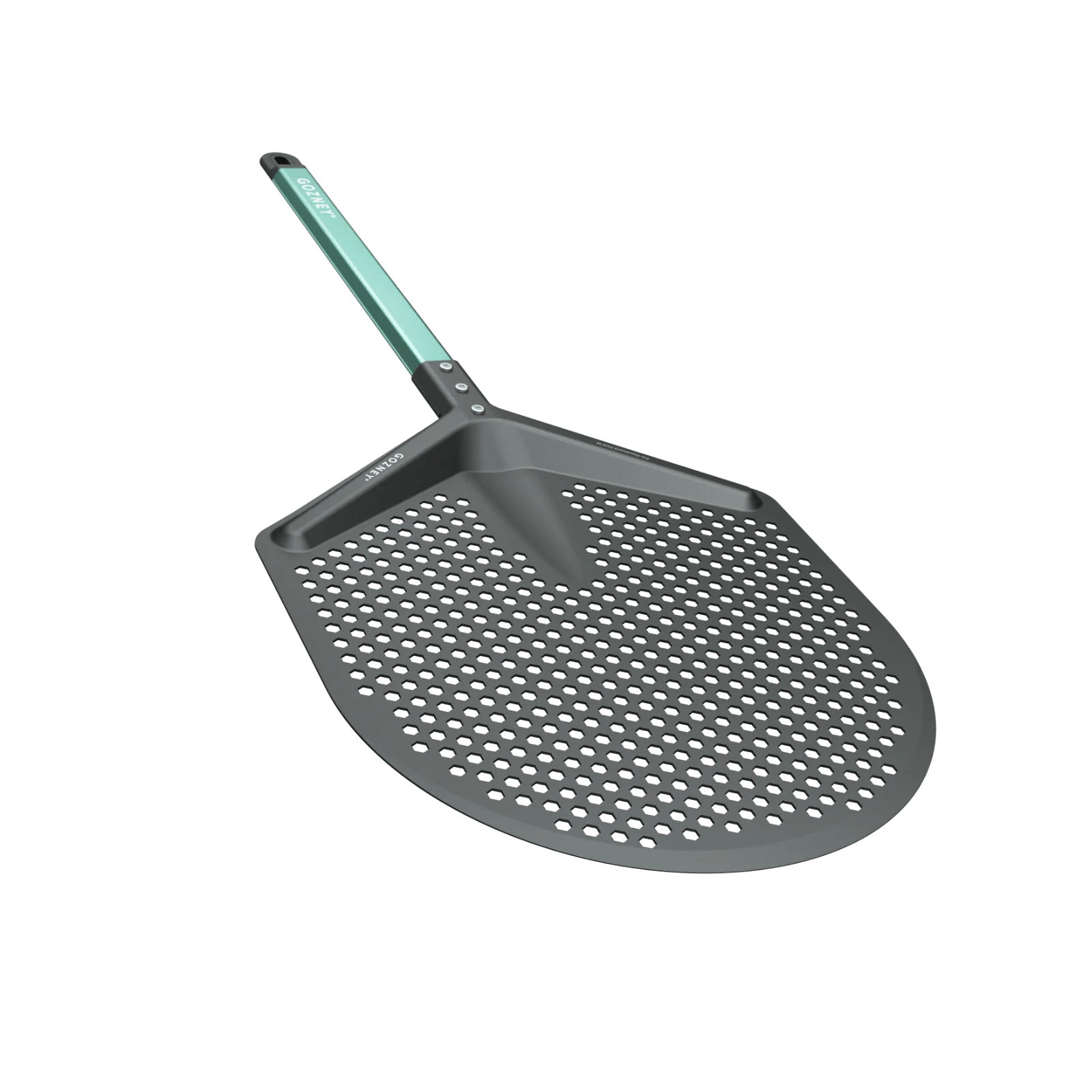 Gray perforated pizza peel with a green handle on a white background