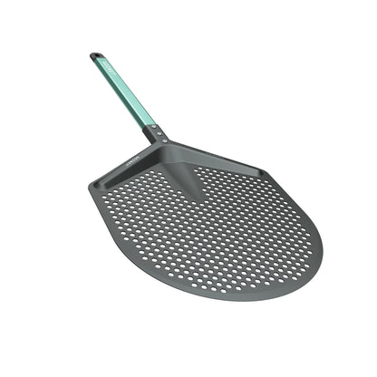 Gray perforated pizza peel with a green handle on a white background