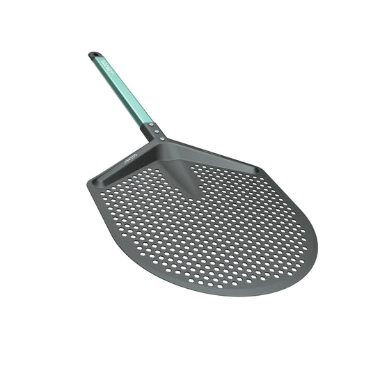 Gray perforated pizza peel with a green handle on a white background