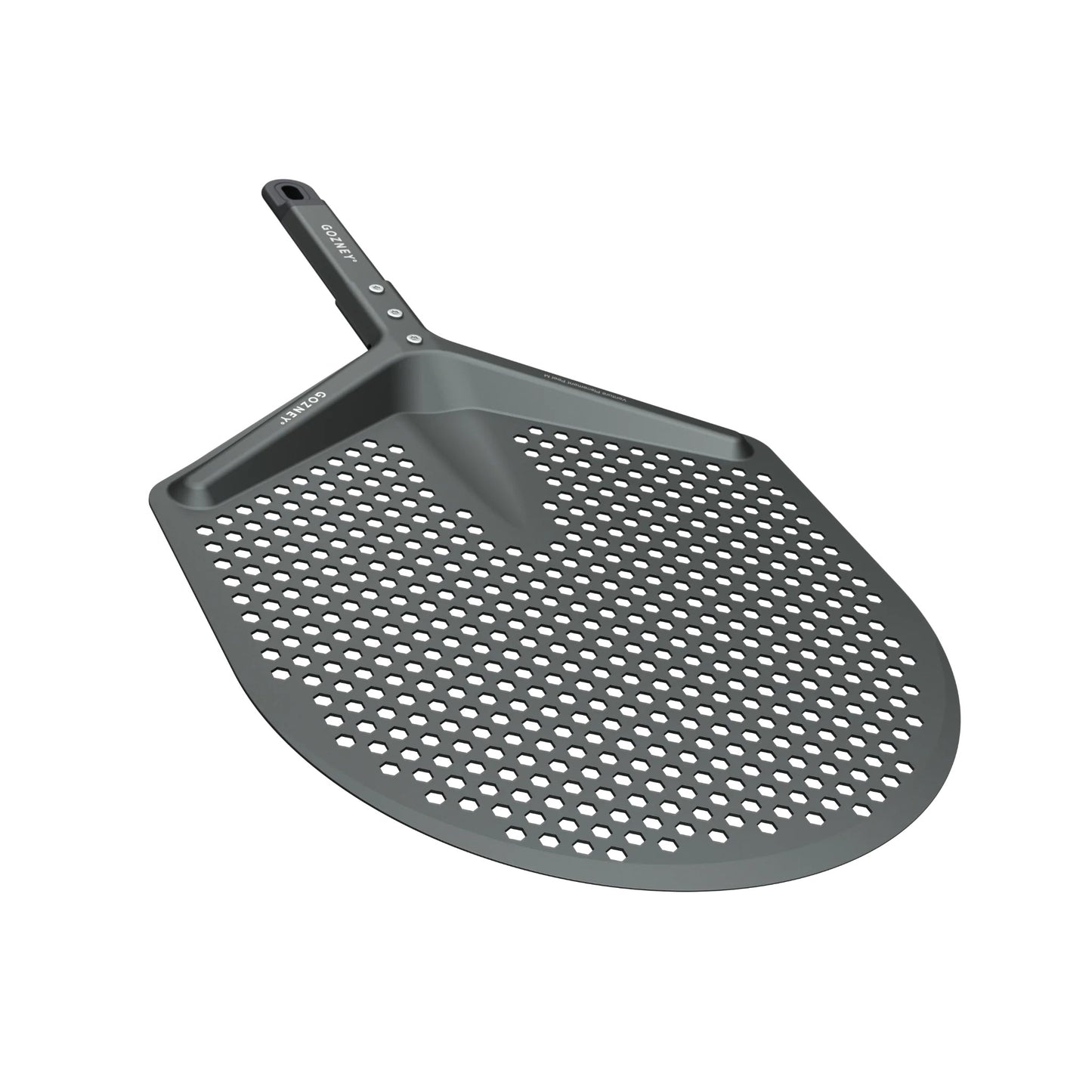 Gray perforated pizza peel on a white background