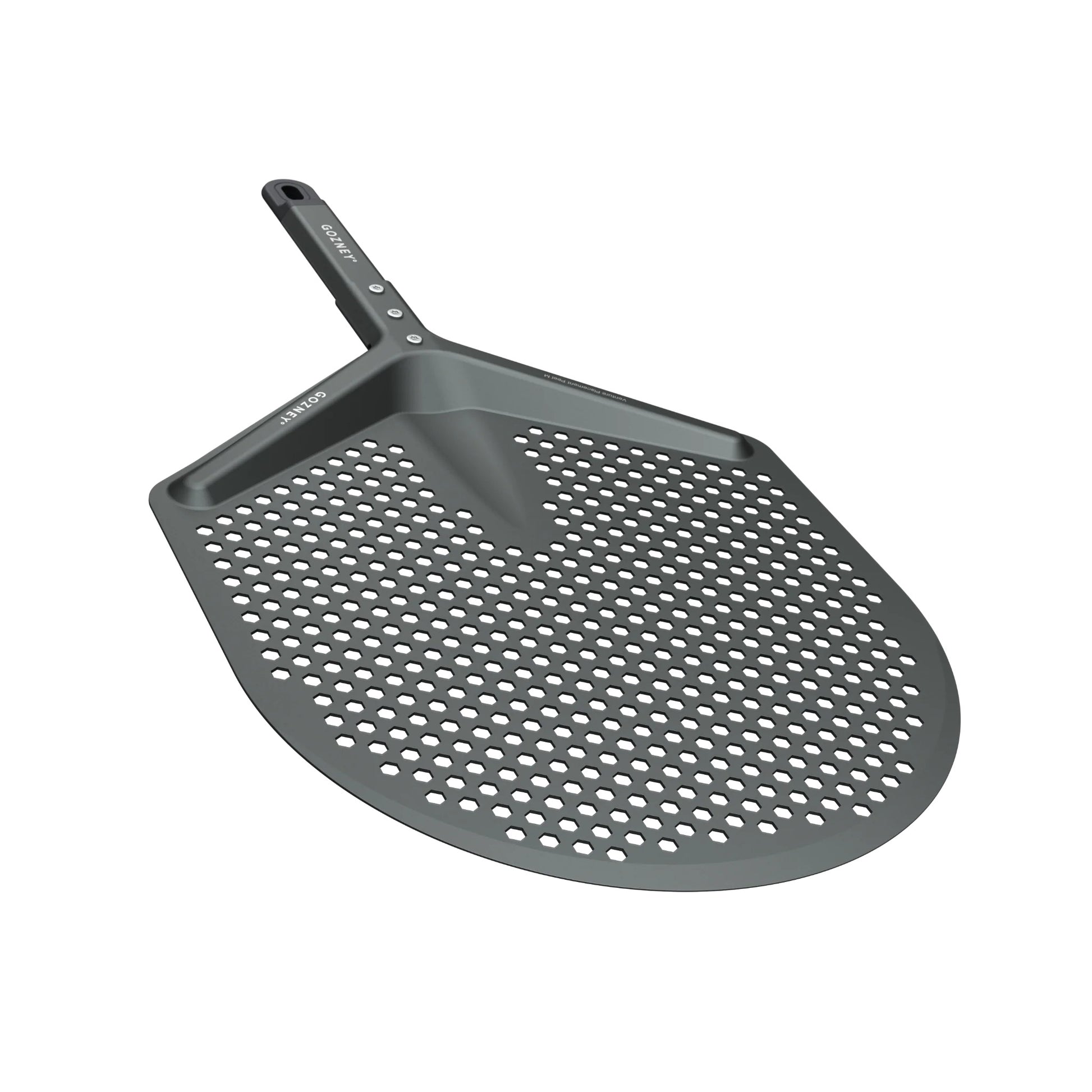 Gray perforated pizza peel on a white background