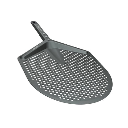 Gray perforated pizza peel on a white background