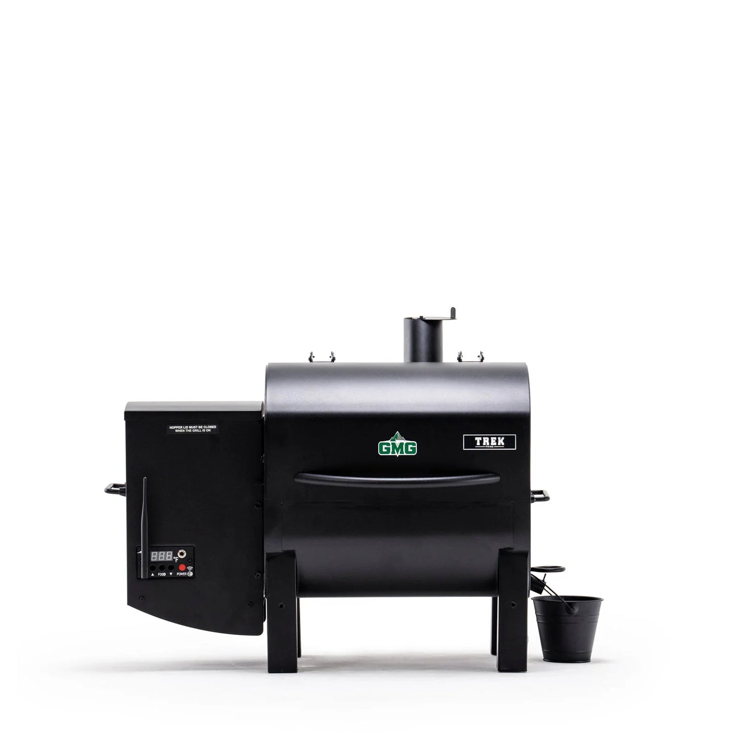 Green Mountain Grills Trek 2.0 with lid closed on a white background